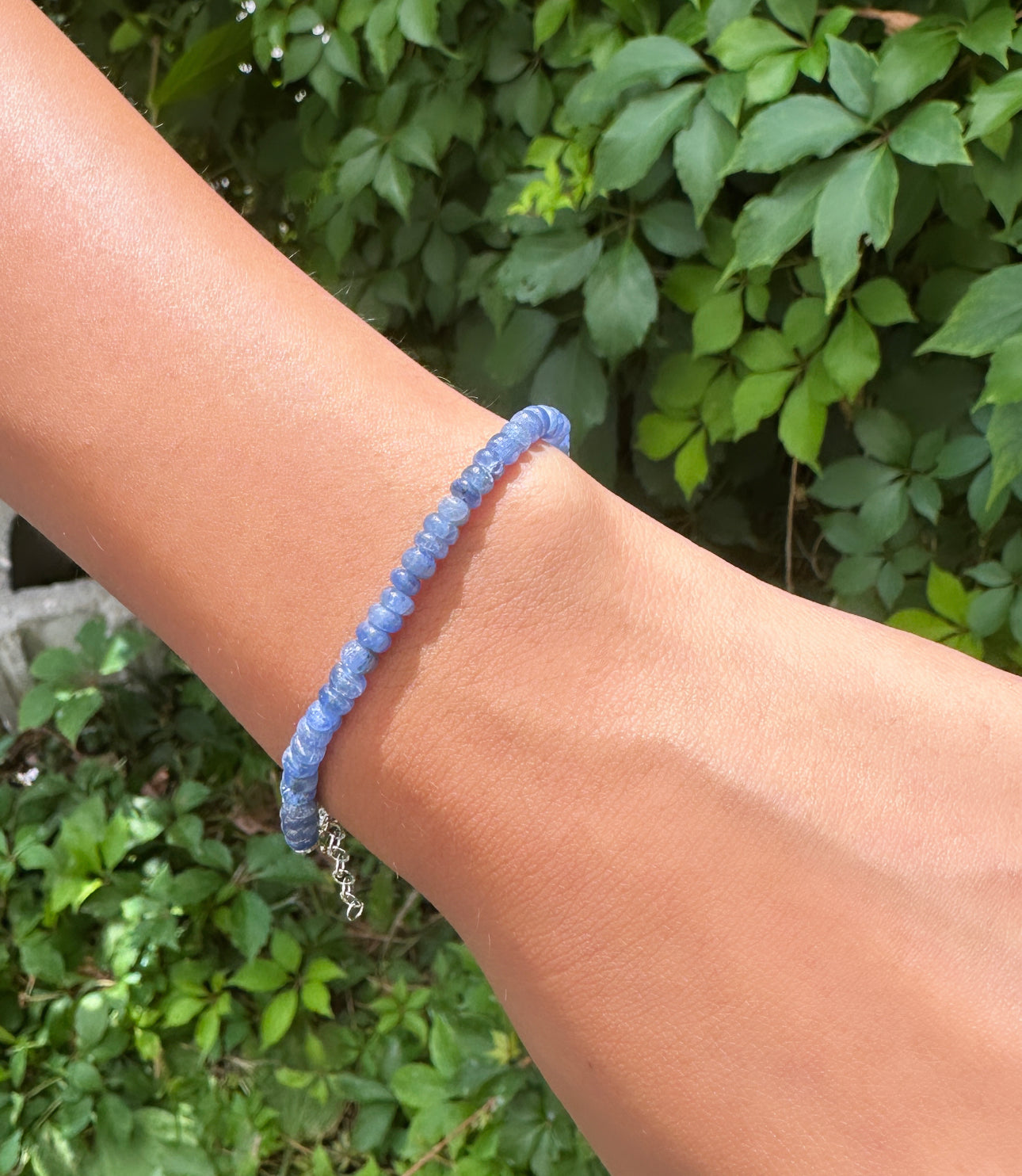 Genuine sapphire beaded bracelet with sterling silver closures, shower safe, handcrafted in Toronto