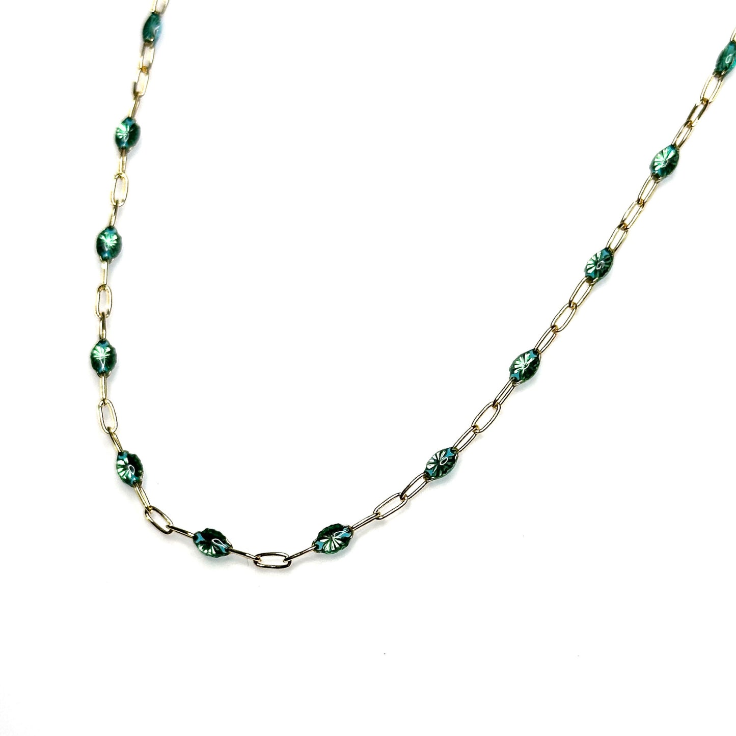 Iridescent emerald green staple chain (shower safe 14K gold-filled)