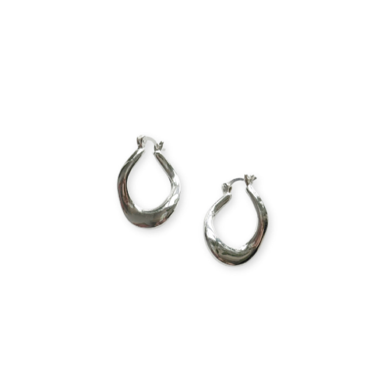A pair of small wavy hoop earrings made from sterling silver, displayed against a white background