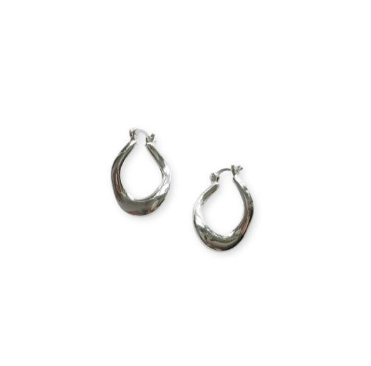 A pair of small wavy hoop earrings made from sterling silver, displayed against a white background