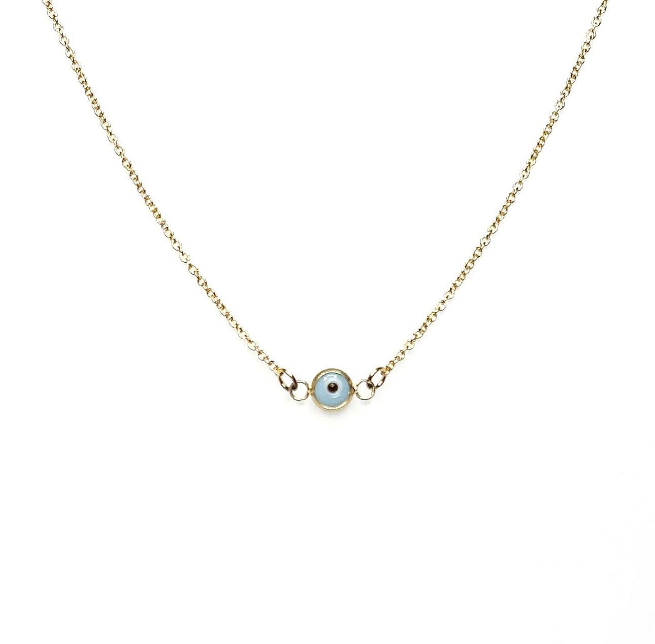 Light blue teeny evil eye necklace shower safe