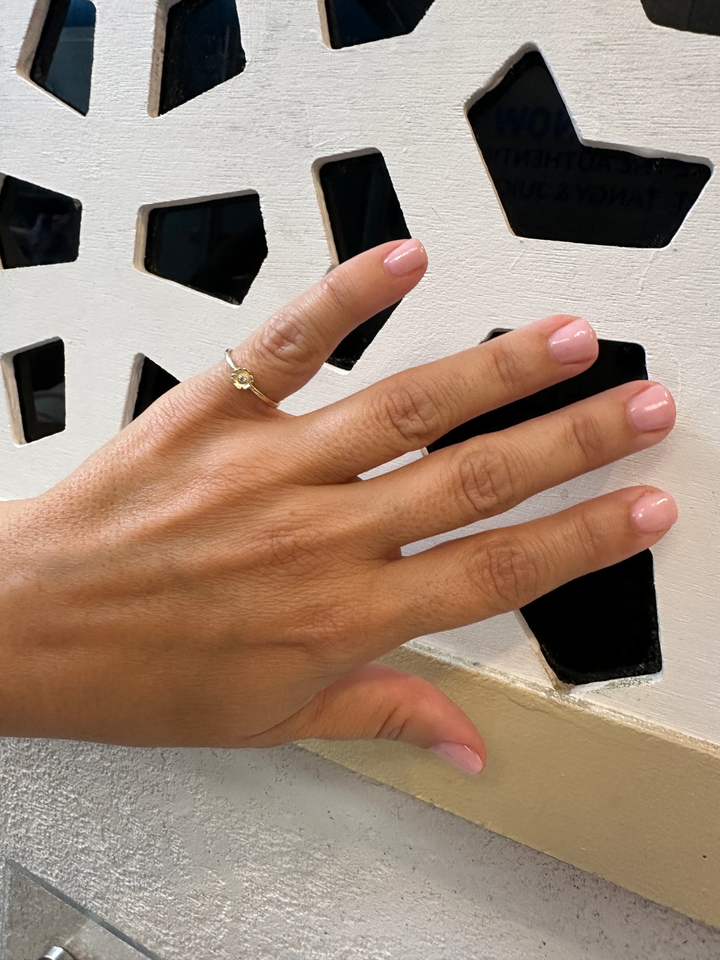 Hand with a ring on a patterned background
