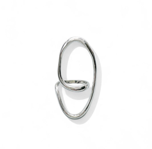 Silver ring with a unique design on a white background