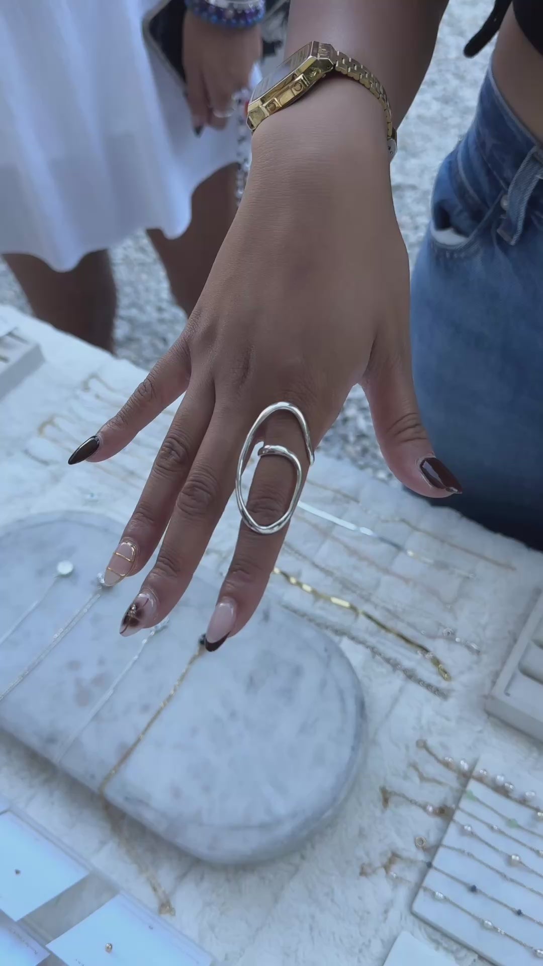 moving image of sterling silver full script ring on hand