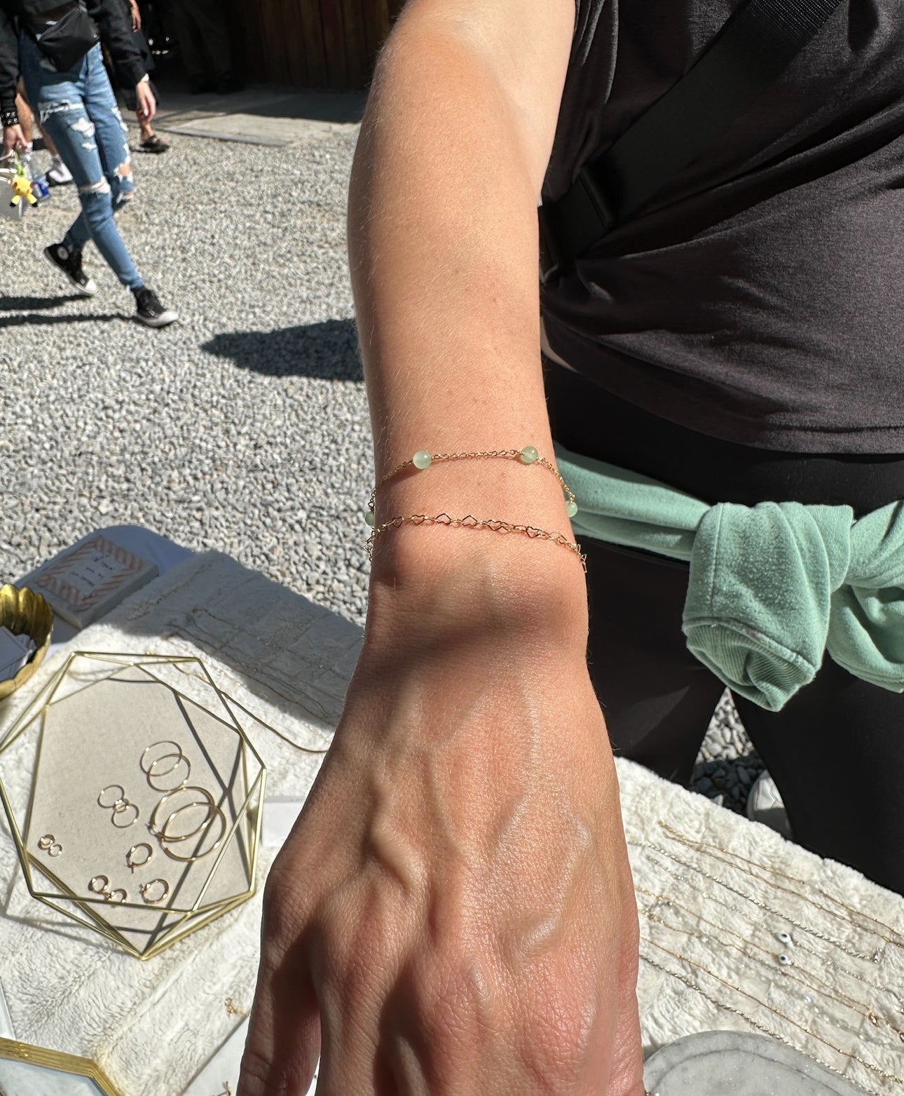 Alternate view of Staccato gemstone bracelet and necklace set in 14K gold-filled with serpentine, sapphire, and malachite - shower safe