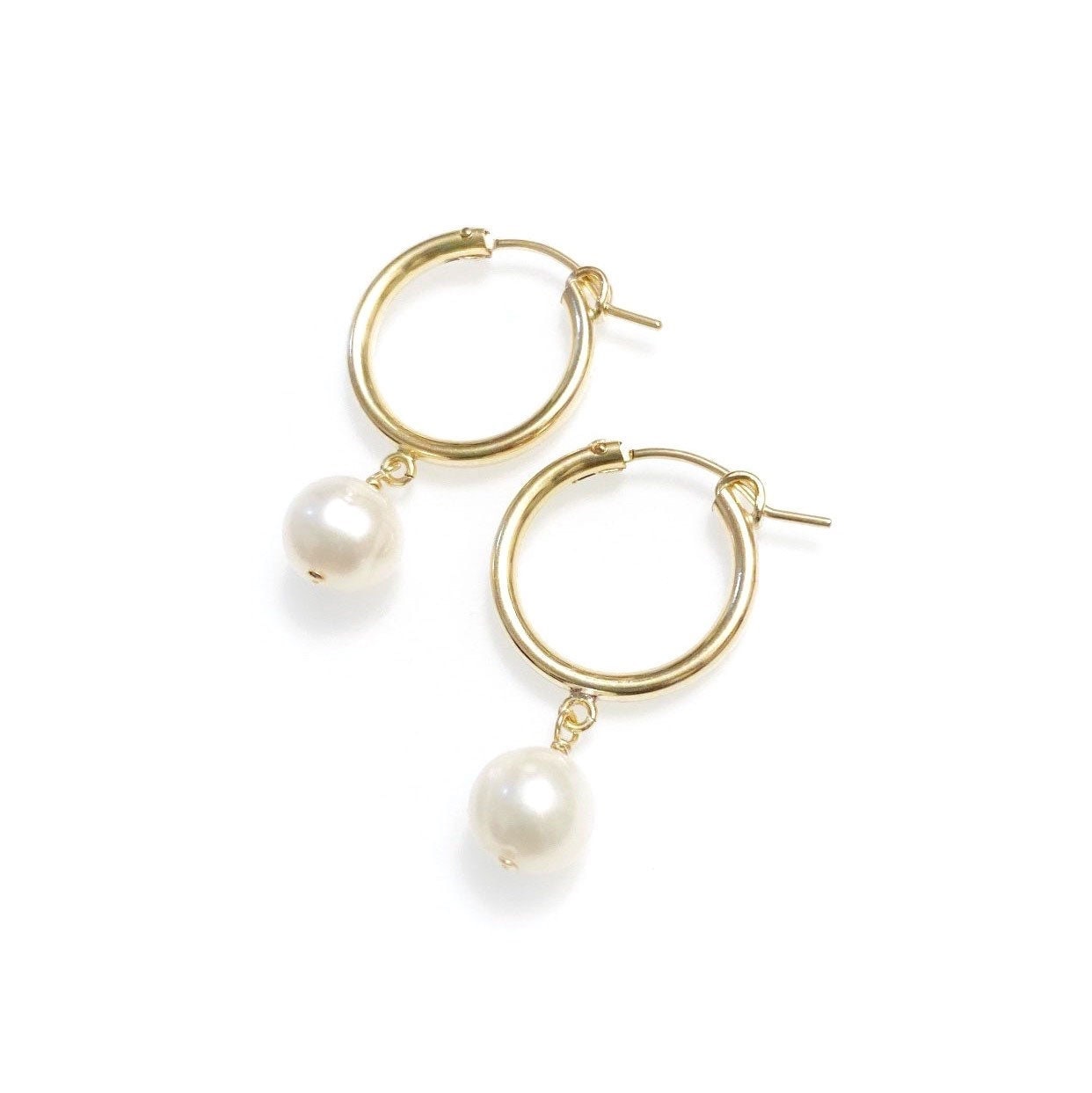 gold filled pearl hoop earrings detail view