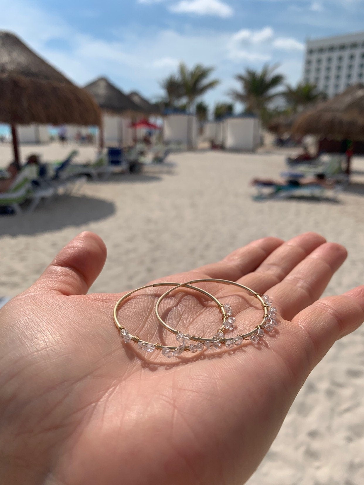 Herkimer diamond hoops - gold-filled on hand