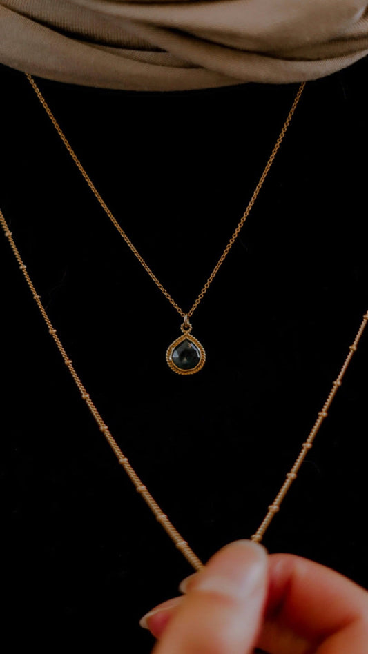 Petite drop medallion necklace (rainbow moonstone, emerald, garnet)