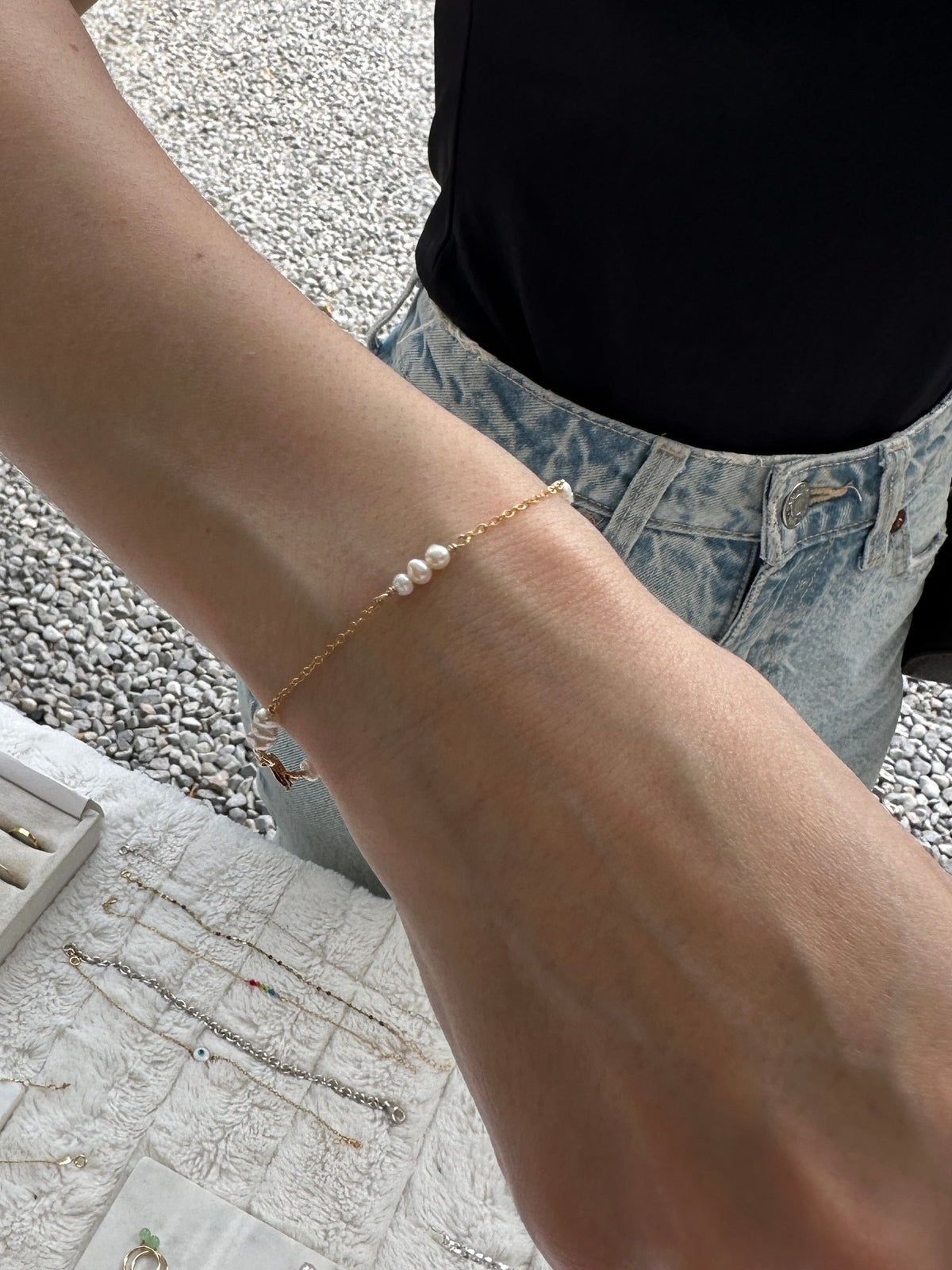 Staccato TRIO Natural Emerald or Freshwater Pearl Bracelet, Necklace - 14K Gold-Filled | Shower Safe