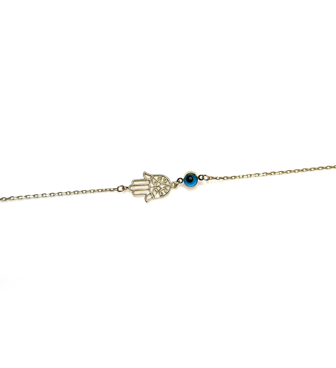 10K solid gold hamsa evil eye bracelet with cobalt blue protection charm, swim safe