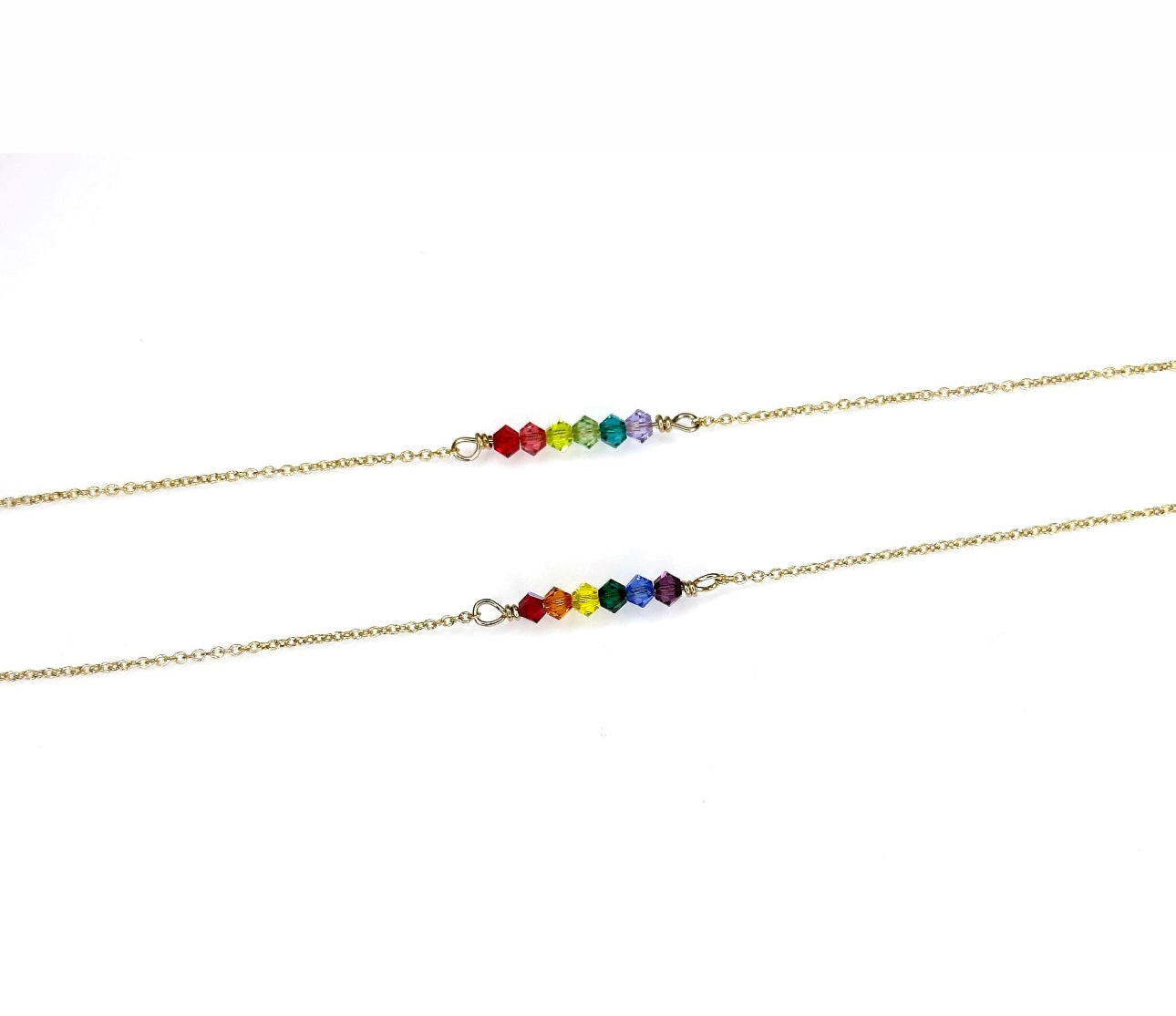 Rainbow BFF bracelets and necklaces with Swarovski crystals in 14K gold-filled, pride jewellery supporting 2SLGBTQIA+ community