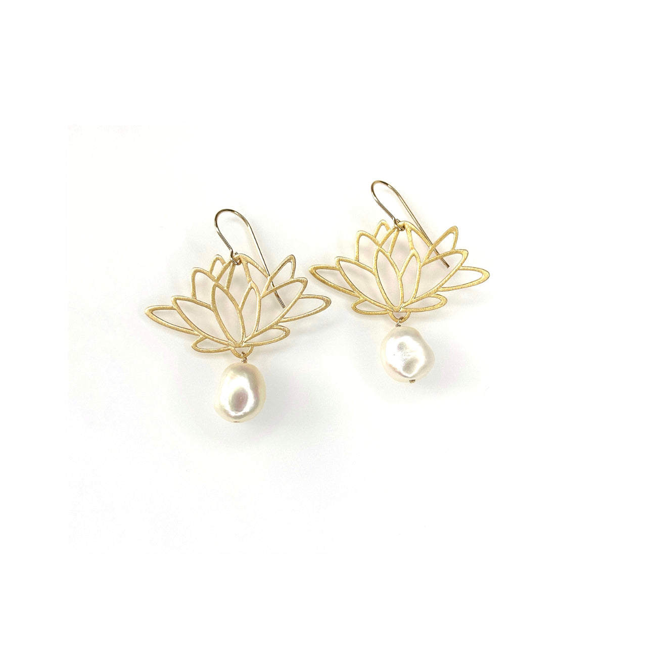 One of a kind large lotus pearl earrings with gold vermeille lotus blossoms and freshwater pearls, handcrafted in Toronto