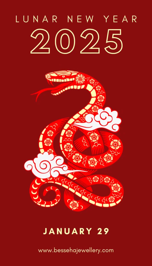 A red-colored bracelet with a gold snake design, indicating Lunar New Year 2025 and the Year of the Snake.