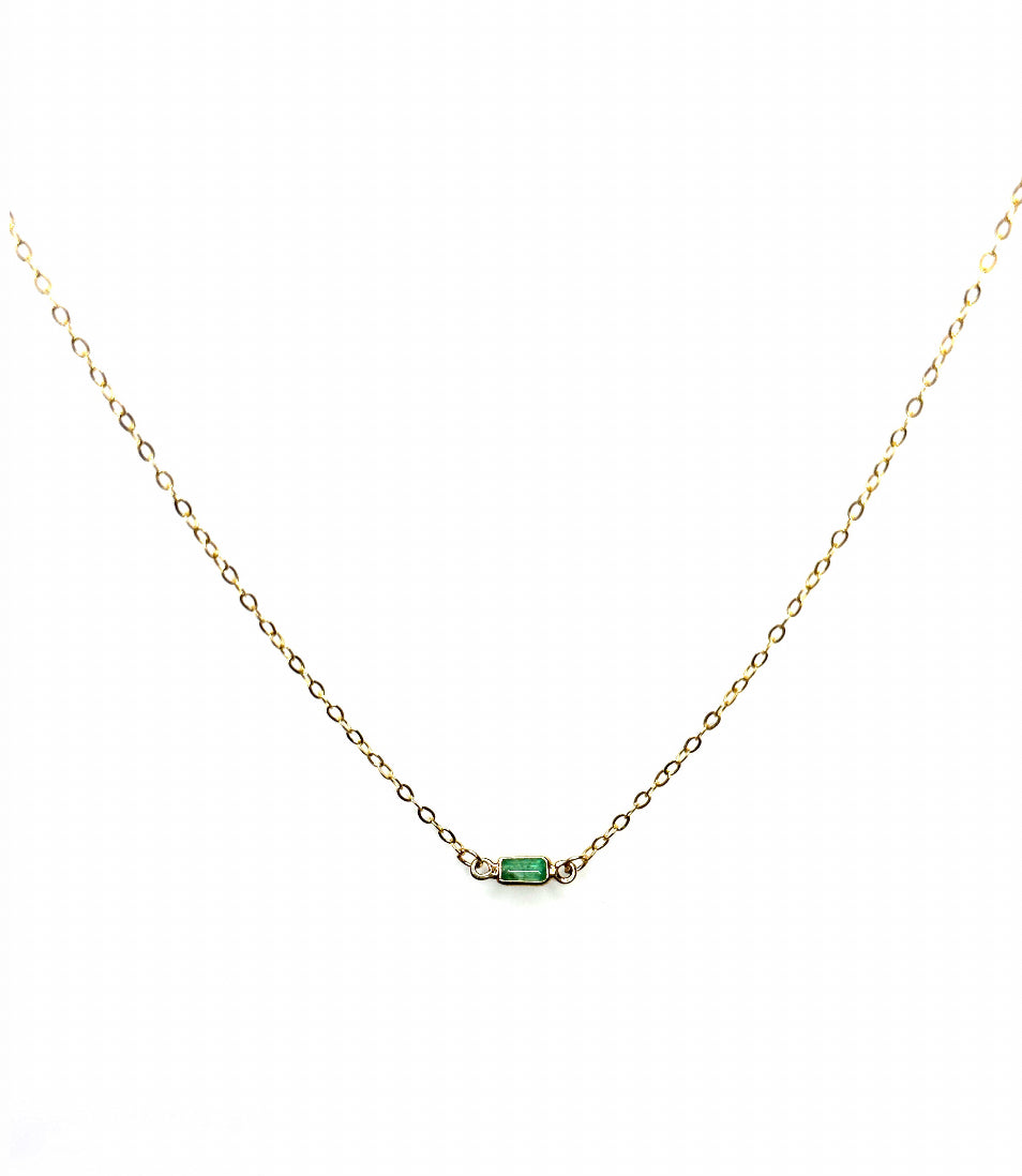 Teeny Colombian emerald baguette necklace with solid gold pendant, shower safe