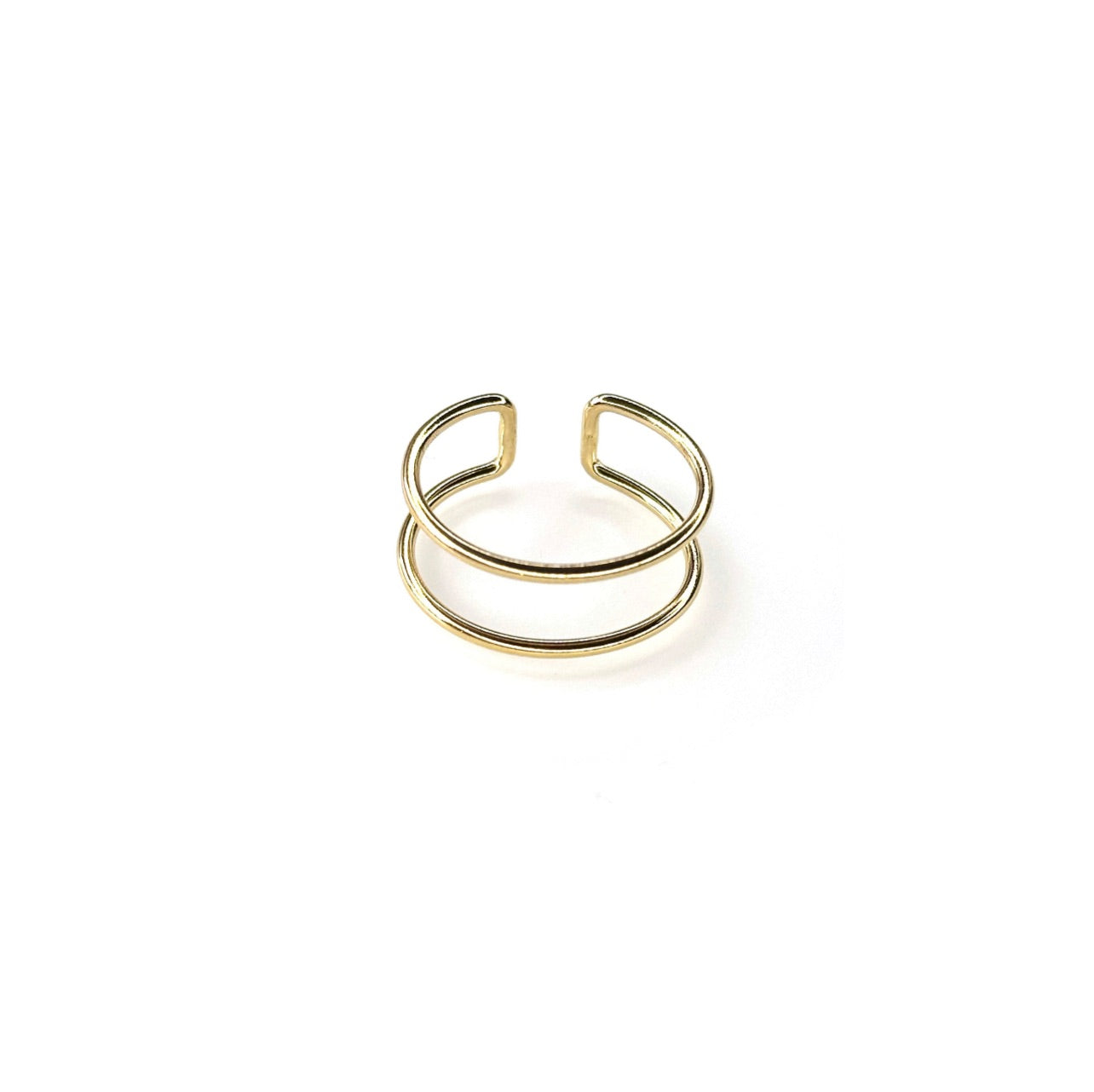 Close-up of 14K gold-filled parallel ring showing minimalist double band design