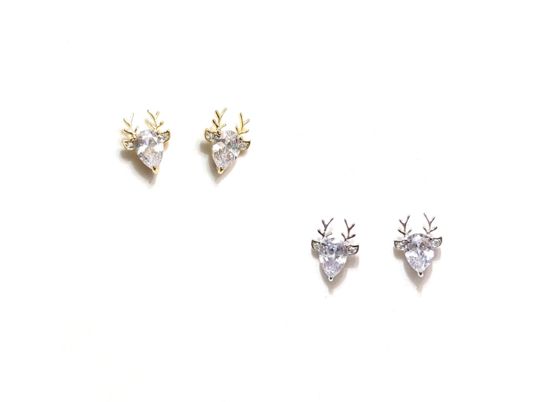 A pair of gold-plated sterling silver stud earrings with a reindeer design, displayed against a white background.