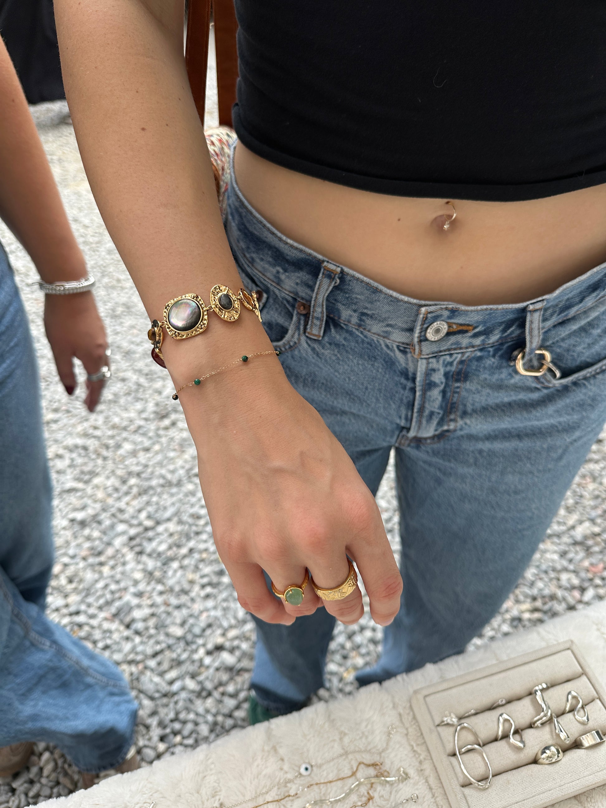 Staccato gemstone bracelet and necklace set in 14K gold-filled with serpentine, sapphire, and malachite beads - shower safe jewellery
