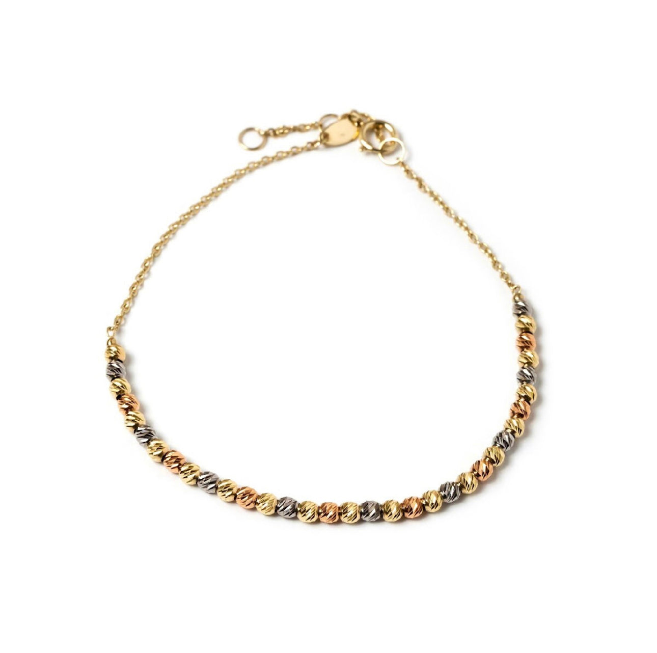 A triple threat bracelet featuring a combination of yellow, rose, and white 10K gold beads, with a sparkly diamond cut finish, on a white background.