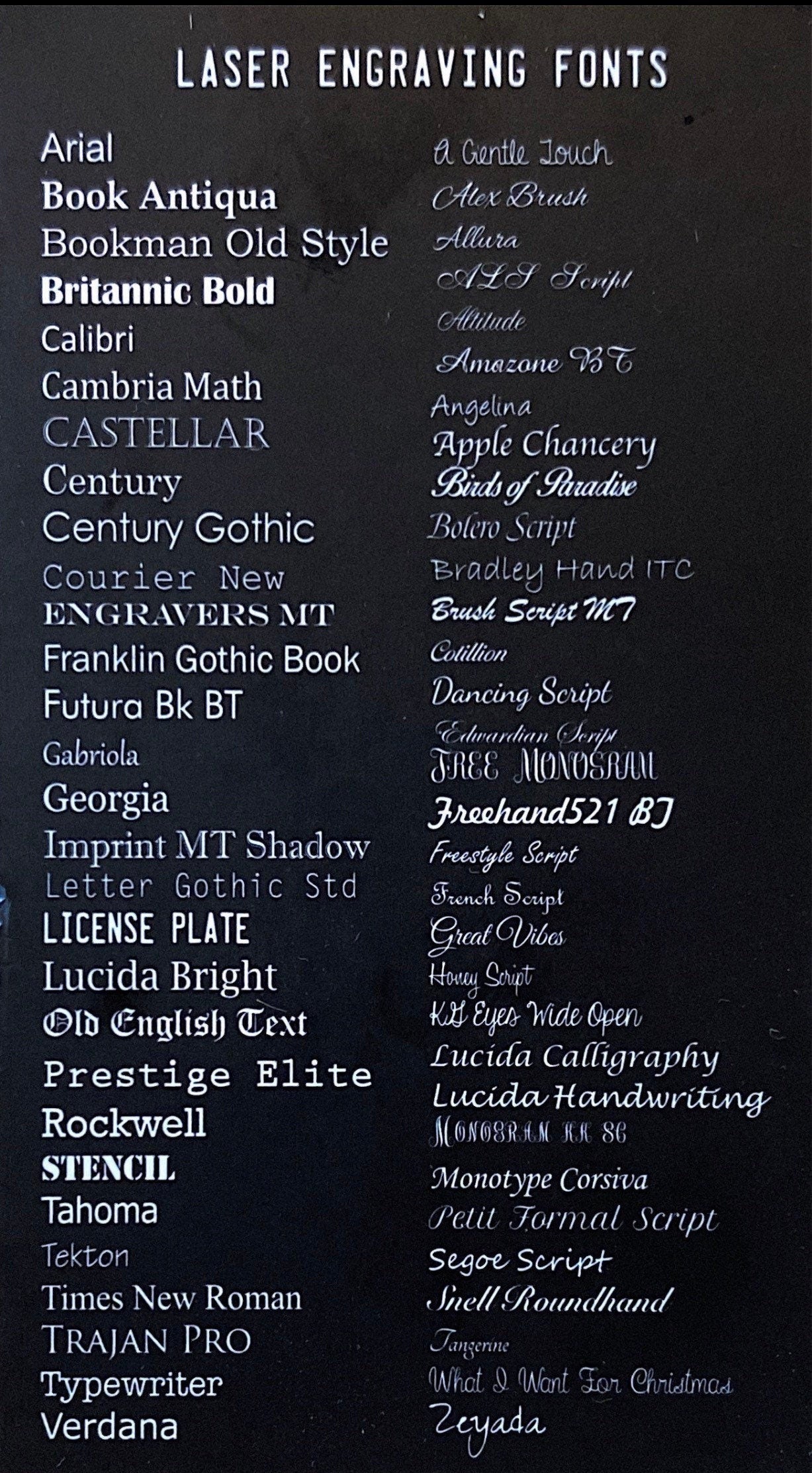 list of laser engraving fonts to select