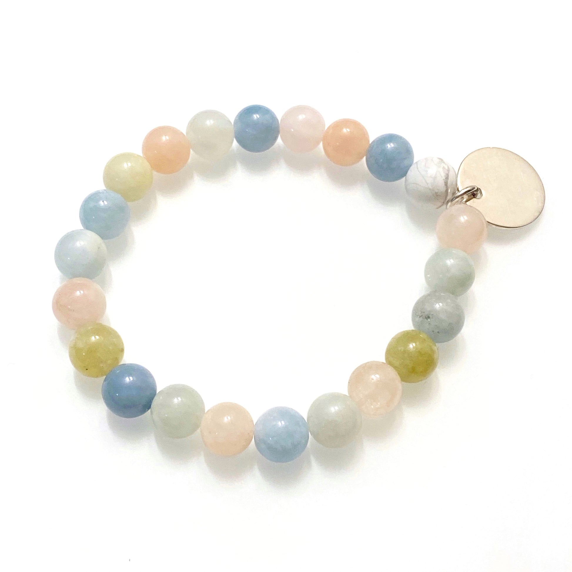 Morganite joyful mala bracelet with sterling silver disc pendant, healing and compassion gemstone bracelet