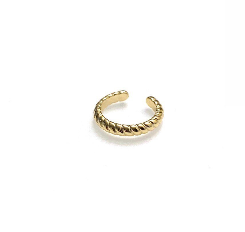 Orbital ear cuffs showing croissant and swirl style options in gold plated sterling silver