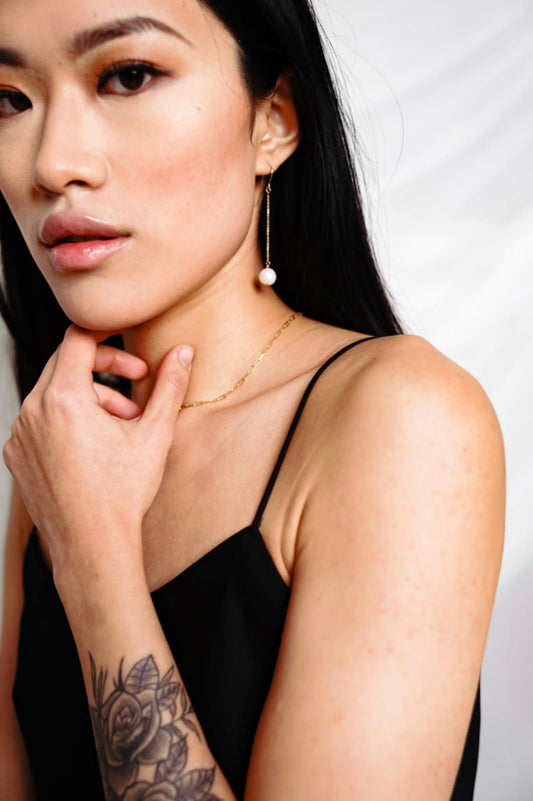 Dangly freshwater pearl earrings in 14K gold-filled, shower safe, handcrafted in Toronto