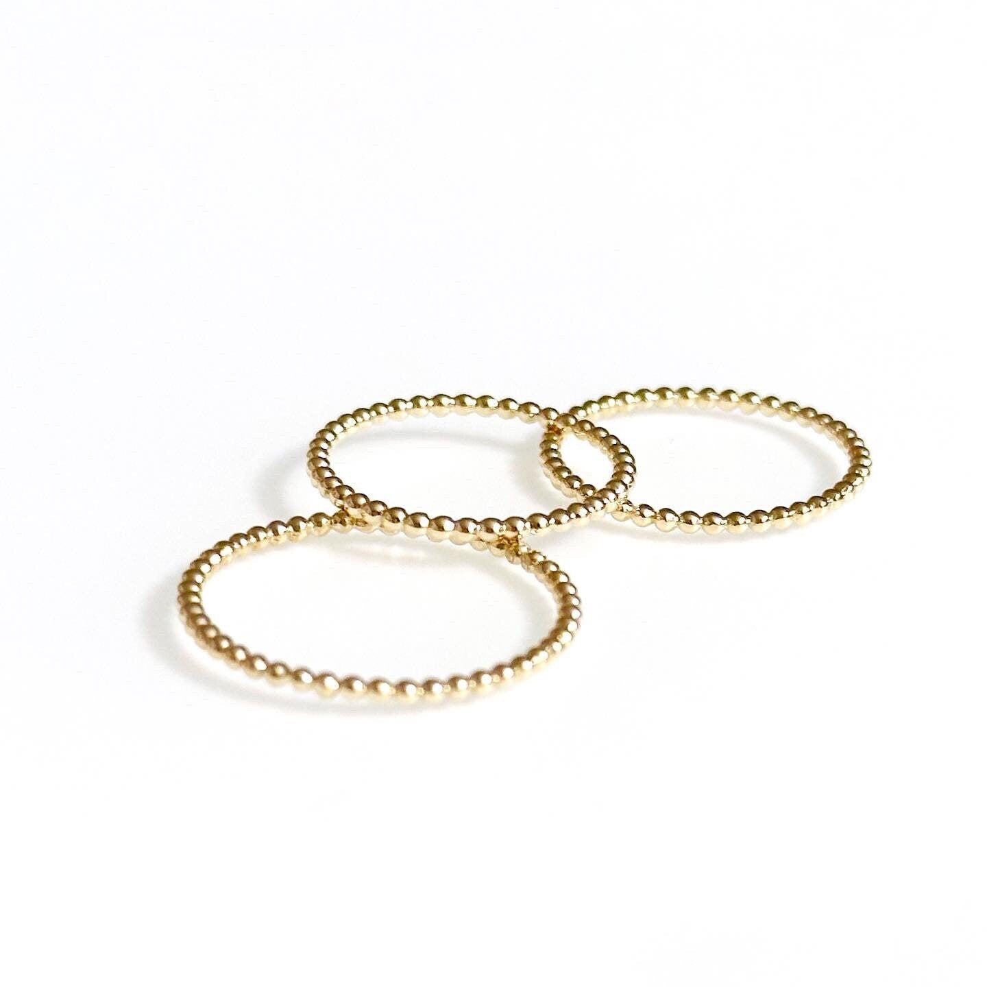 Dainty bubble ring in 10K solid gold, ultra-thin 1mm minimalist design, shower safe and stackable