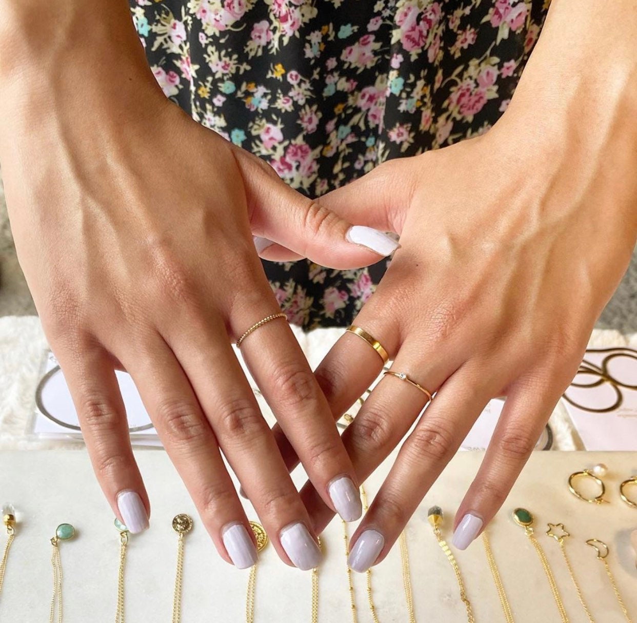 14K gold-filled stacking rings styled and worn on hand showing mix and match styling options