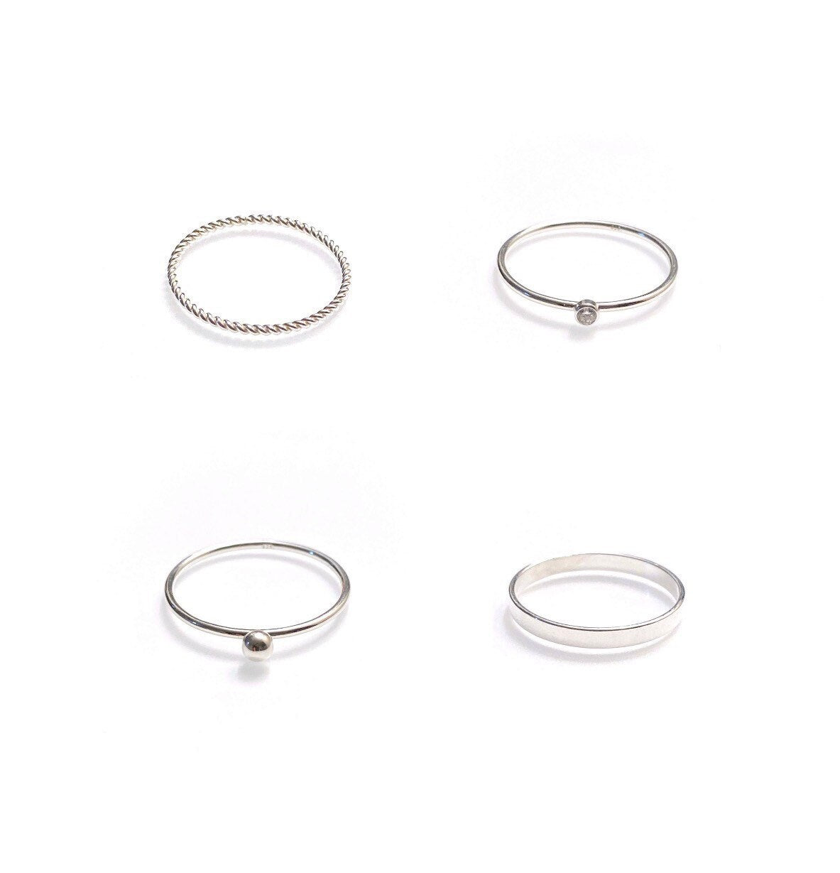 twisted rope, sparkly cz, petite ball, and flat band rings