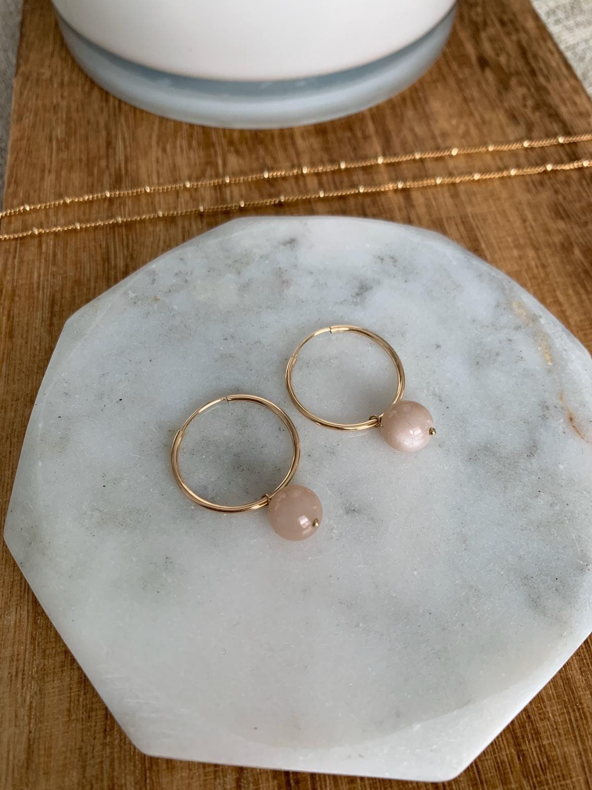 Gemstone charm hoop earrings - moonstone on dish
