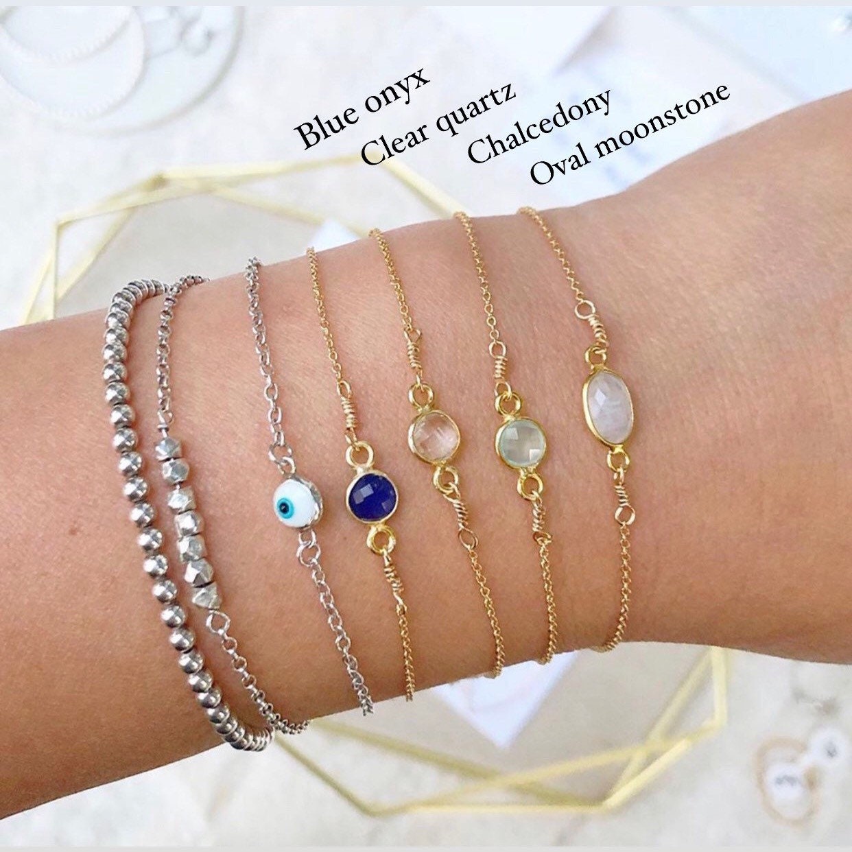 Gemstone dot bracelet 14K gold-filled - on wrist with descriptions