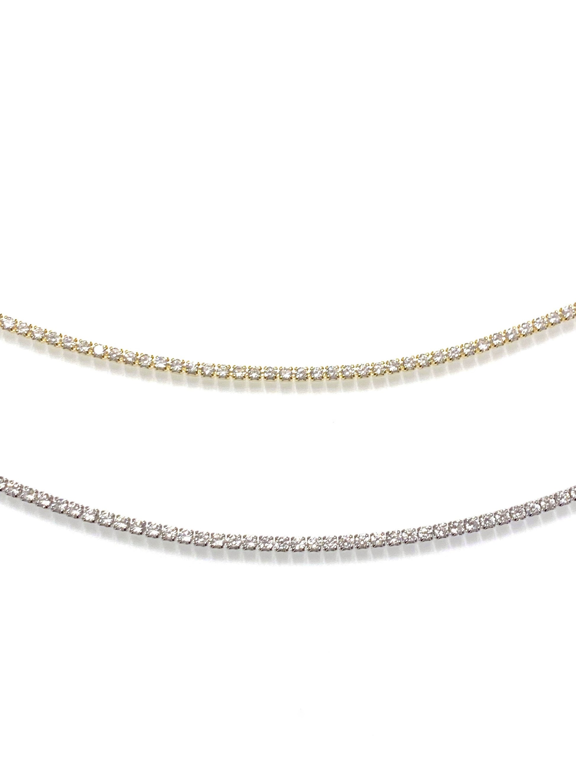 gold and silver dainty tennis necklace layered