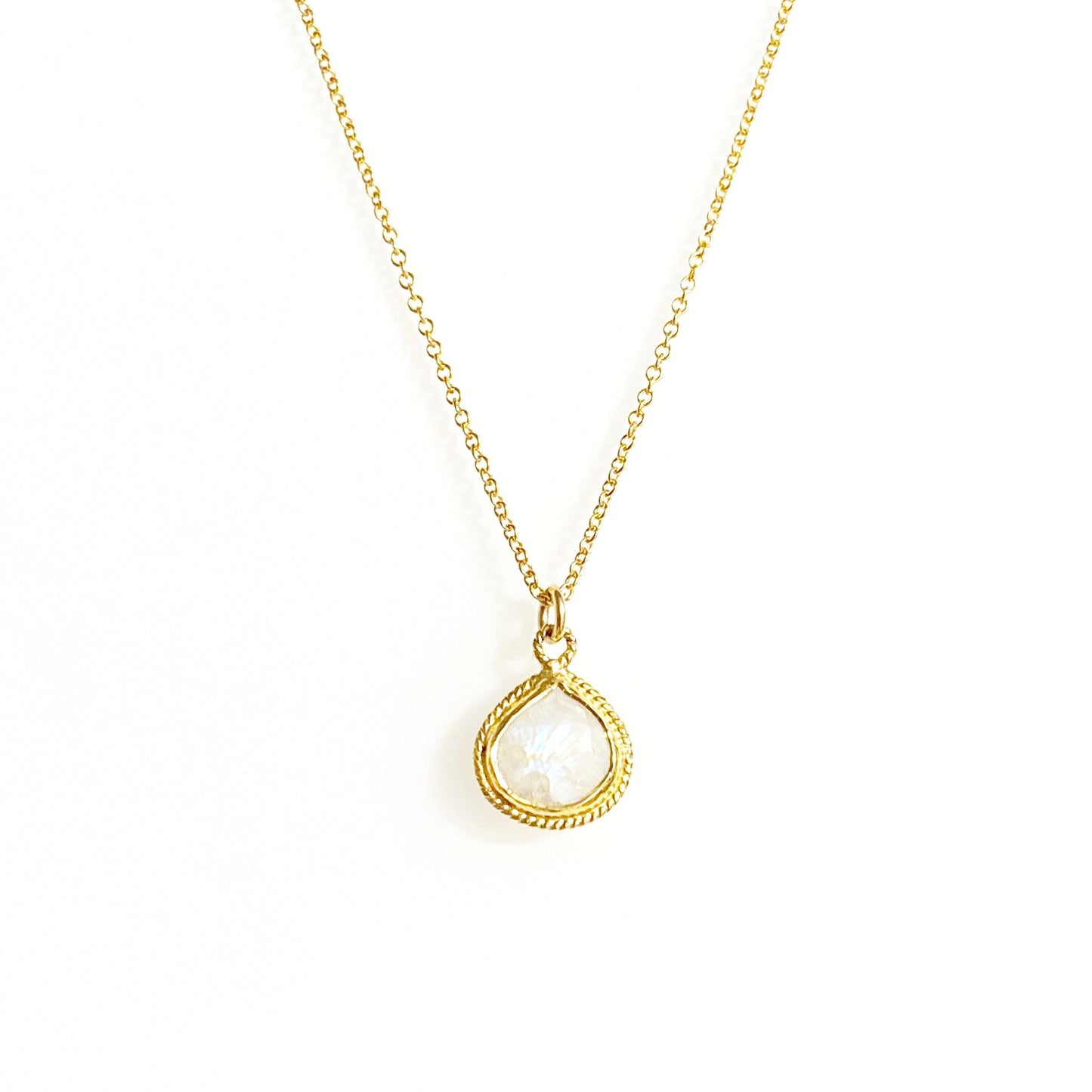 Petite drop medallion necklace (rainbow moonstone, emerald, garnet)