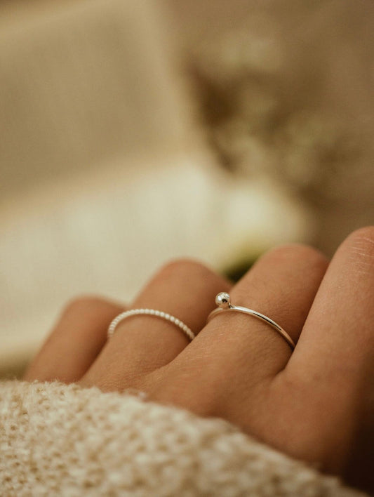 Sterling silver stacking rings (twisted rope, CZ sparkle, petite ball, flat band, baguette)