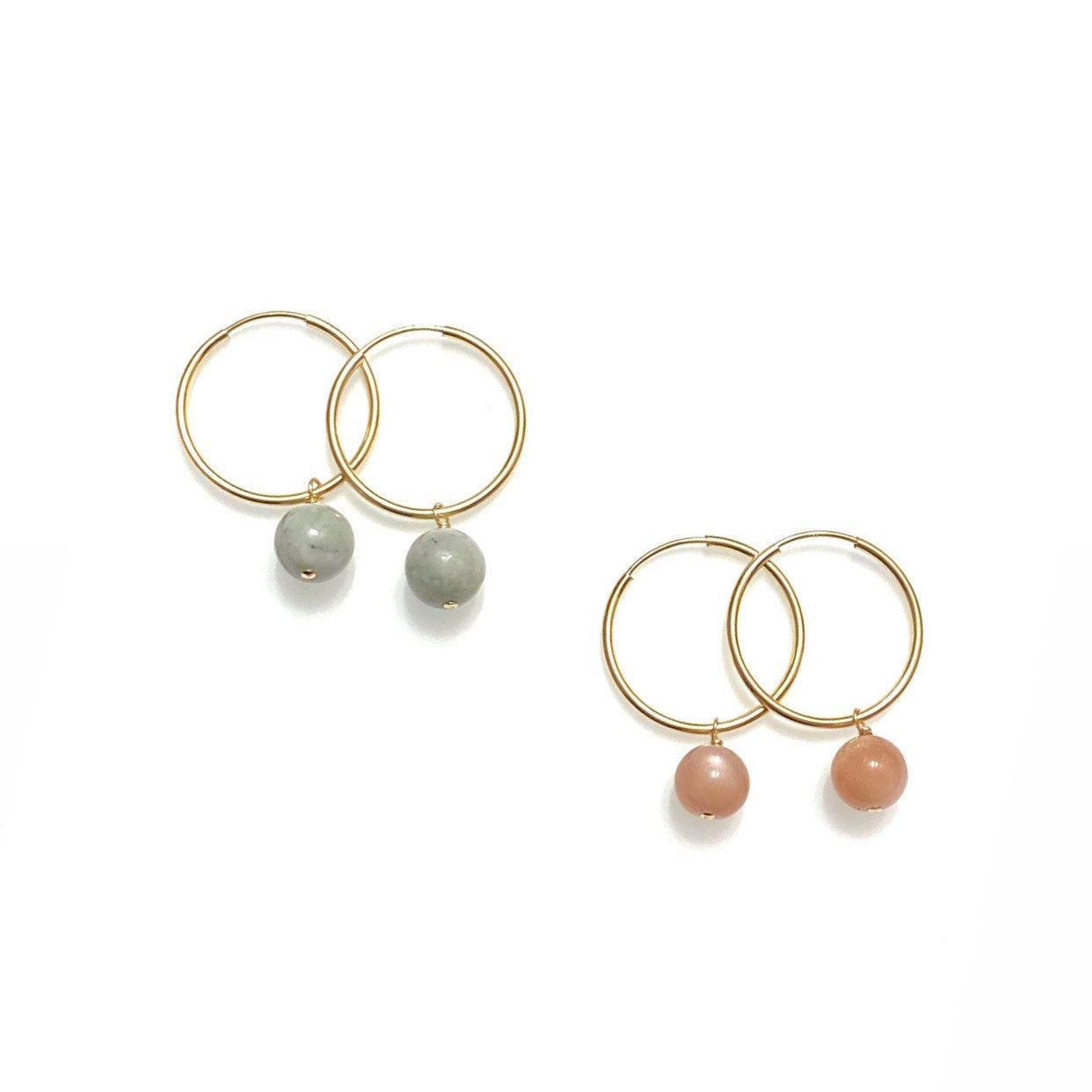 Burmese jade and peach moonstone charm hoops (tarnish resistant, 14K gold-filled or sterling silver)