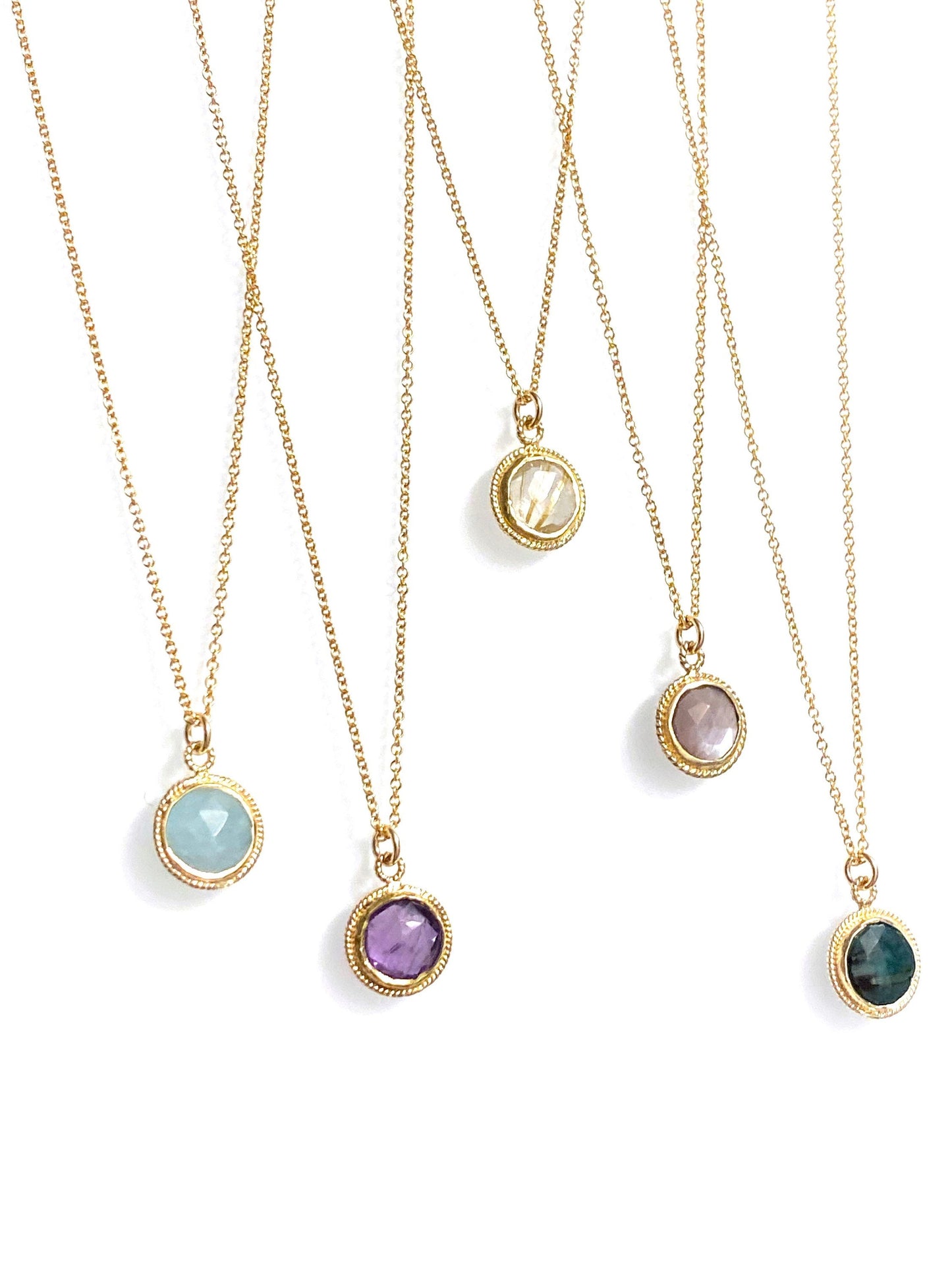 Petite sun medallions (emerald, aquamarine, amethyst, golden rutilated quartz, chocolate moonstone)