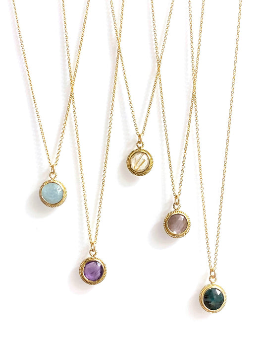 Petite sun medallions (emerald, aquamarine, amethyst, golden rutilated quartz, chocolate moonstone)