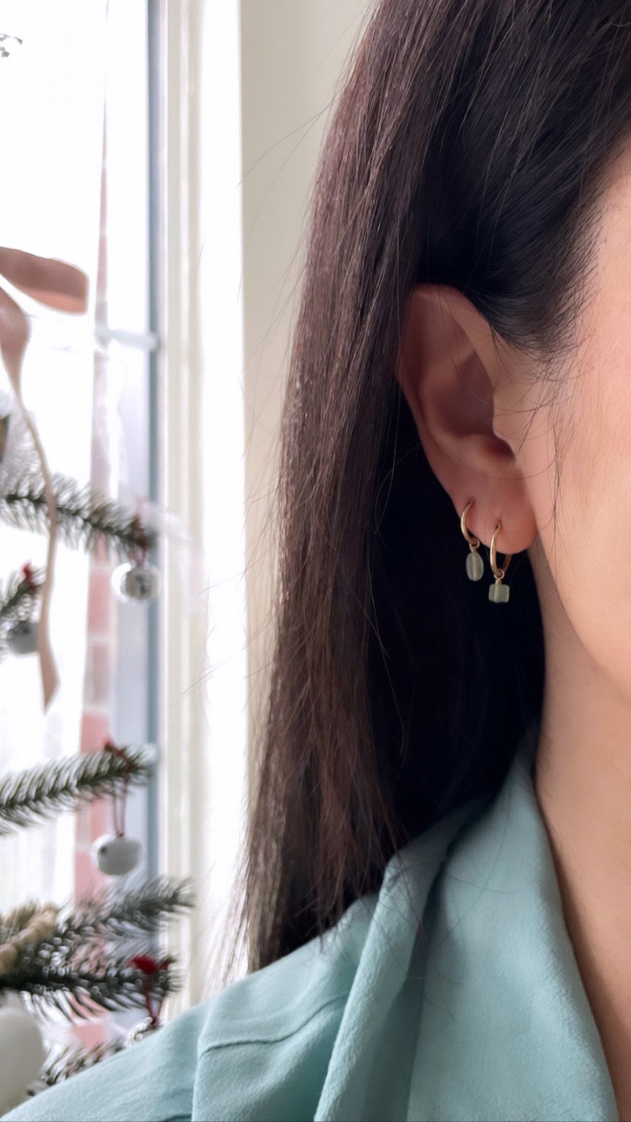 Petite serpentine hoops 14K gold-filled - cube and barrel charm on model