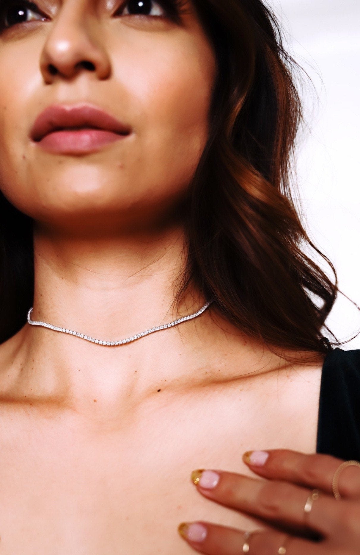 silver dainty tennis choker necklaace on model