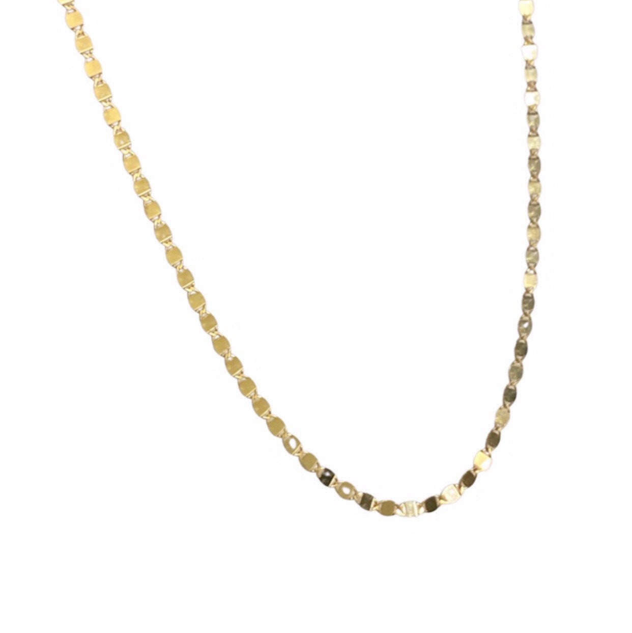 A dainty gold chain necklace catching light reflections on its surface.