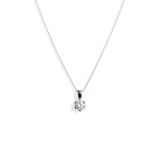 A sterling silver necklace with a central cubic zirconia solitaire pendant, available in three different lengths.