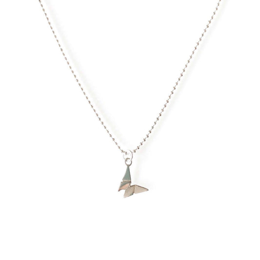 A sterling silver origami butterfly necklace on a faceted ball chain.